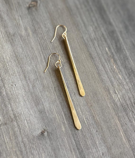 Long Brass Drops, Brass Paddle Earrings, 14k Gold Filled Hooks