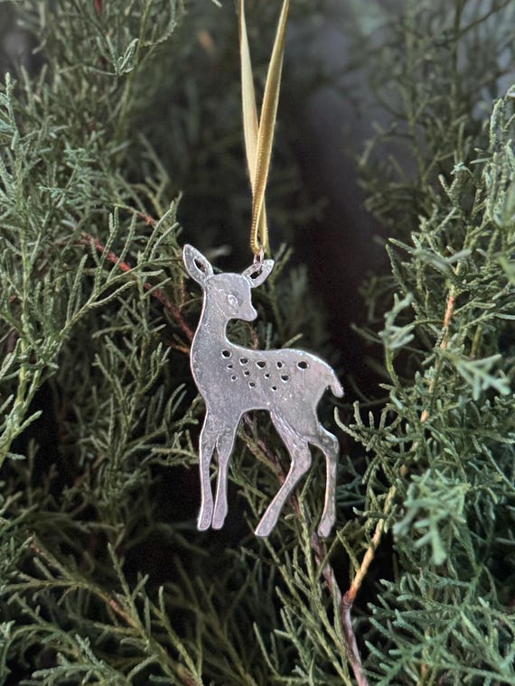 Handmade Ornament, Fawn, Deer, Pewter,  Velvet Ribbon.