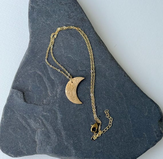Large Brass Moon Necklace, Handmade Hammered Jewelry