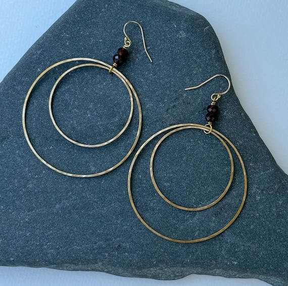 Large Brass & Garnet Double Loop Earrings