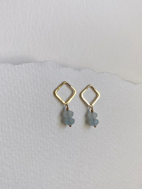 Aquamarine & Gold Square Post Earrings, March Birthstone, 14k Gold Fill