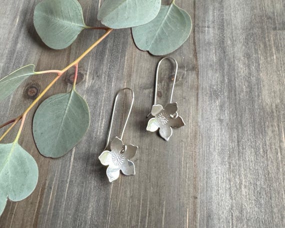 Long Sterling Silver Flower Earrings,  Elegant  Handmade Silver Botanical Jewelry,