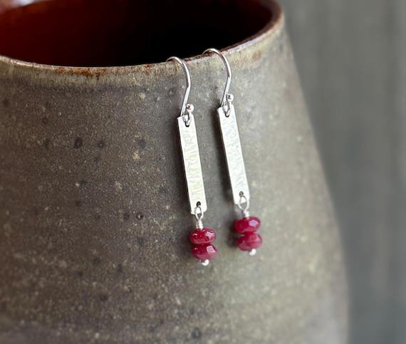 Ruby and Sterling Silver Rectangle Earrings