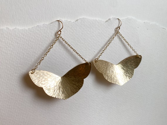 Large Brass Moth Trapeze Earrings, Big, lightweight wing earrings. Chain, Trapeze, 14k Gold Fill hooks.