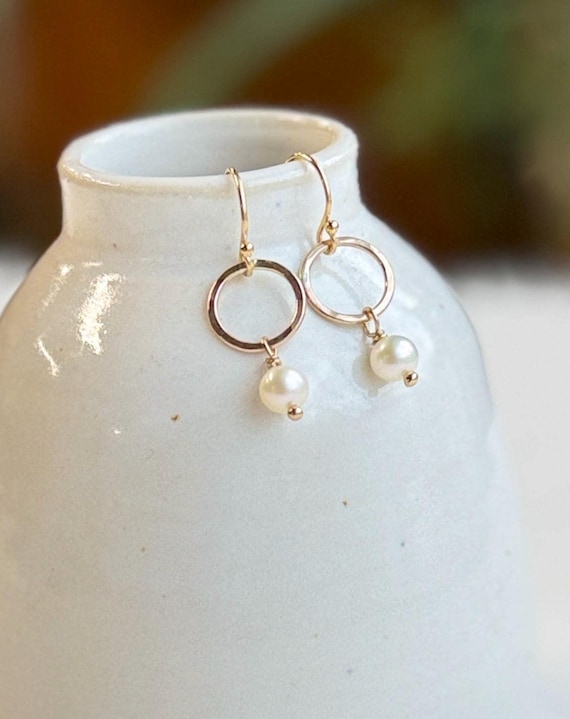 14K Gold Filled Circle Earrings with Fresh Water Pearls