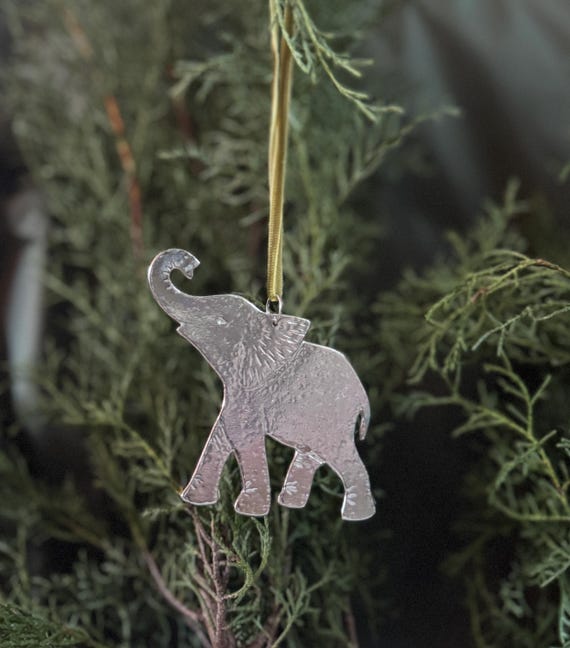 Handmade Ornament, Elephant, Pewter,  Velvet Ribbon, silver