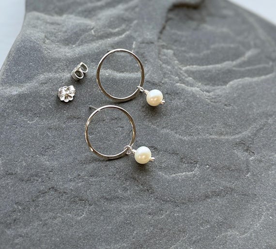 Silver Circle Post & Pearl Post Earrings, Open Circle Studs, Freshwater Pearl
