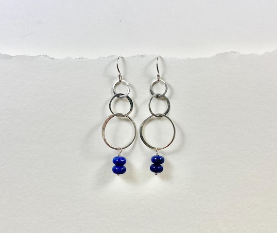 Silver & Blue Lapis Earrings, Pretty Hammered Sterling Silver Triple Circles, December Birthstone Jewelry