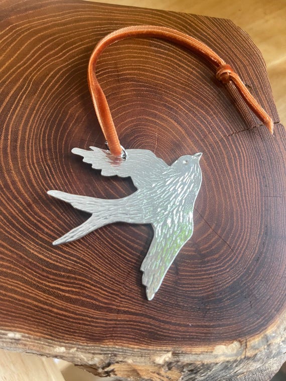 Handmade Ornament, Pewter, Bird, Flying Bird,  Velvet Ribbon, nature decor.