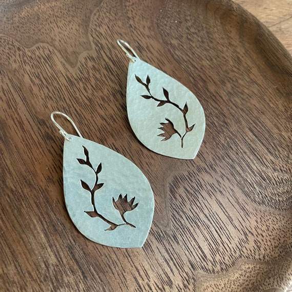 Silver Floral Earrings, Sterling Silver Drop, Botanical Leaf