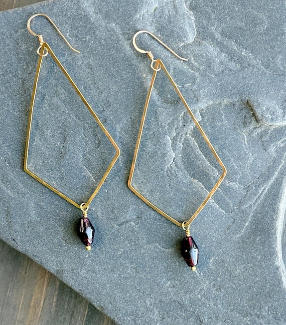 Garnet & Gold Diamond Shaped Earrings, Brass and 14k Gold Fill