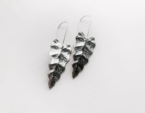 Pewter Alocasia Leaf Earrings, Tropical House Plant Jewelry, Modern Pewter Lead Free, Handmade Botanical Earrings