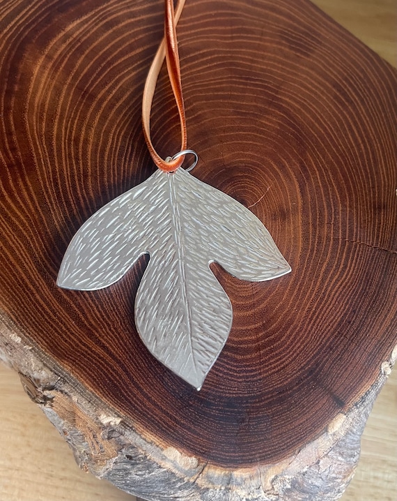 Handmade Ornament, Pewter, Sassafras Leaf, Velvet Ribbon.