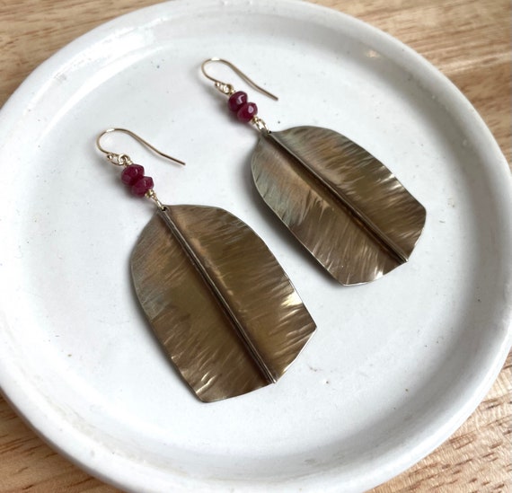 Brass & Ruby Red Earrings, Textured Ruby Earrings, Brass Earrings,