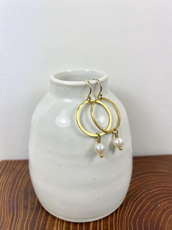 Pearl & Circle Drop Earrings, Brass Loop Earrings, Gold and White Freshwater Pearl Earrings, June Birthstone