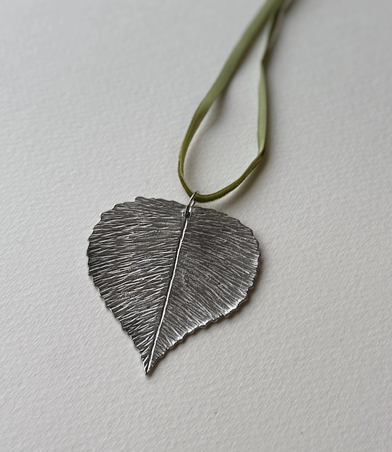 Handmade Ornament, Pewter, Aspen Leaf, Velvet Ribbon, nature decor.