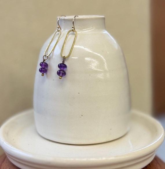 Brass & Amethyst Earrings Oval February Birthstone