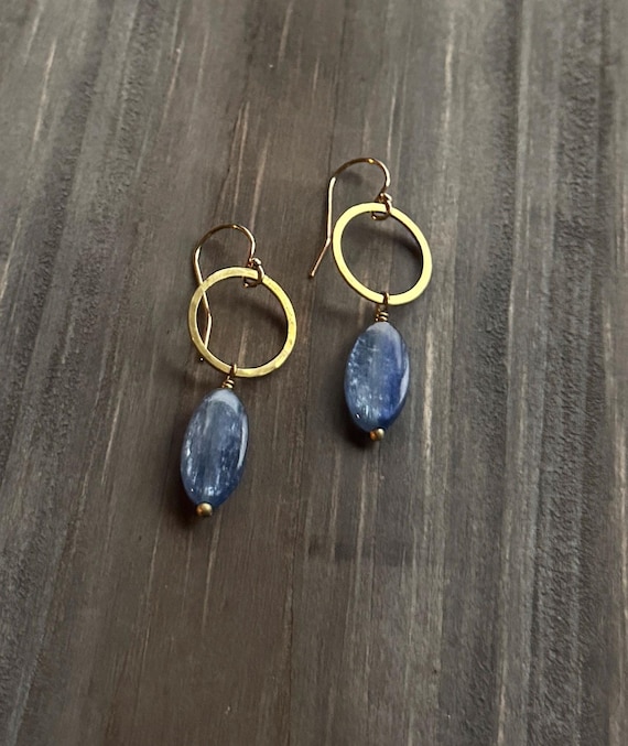 Gold & Blue Kyanite Hoop Earrings, natural blue gemstones, 14k gold fill hooks