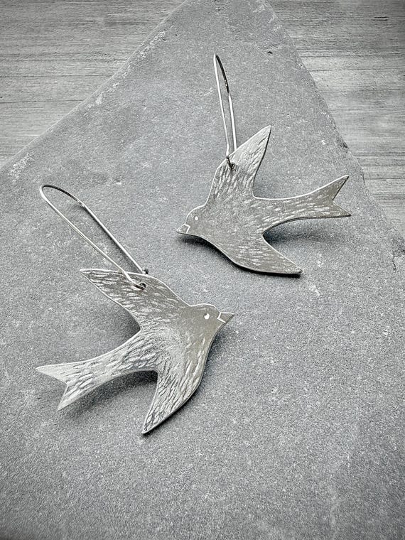 Small Pewter Bird Earrings, Modern Pewter Lead Free, Handmade Earrings