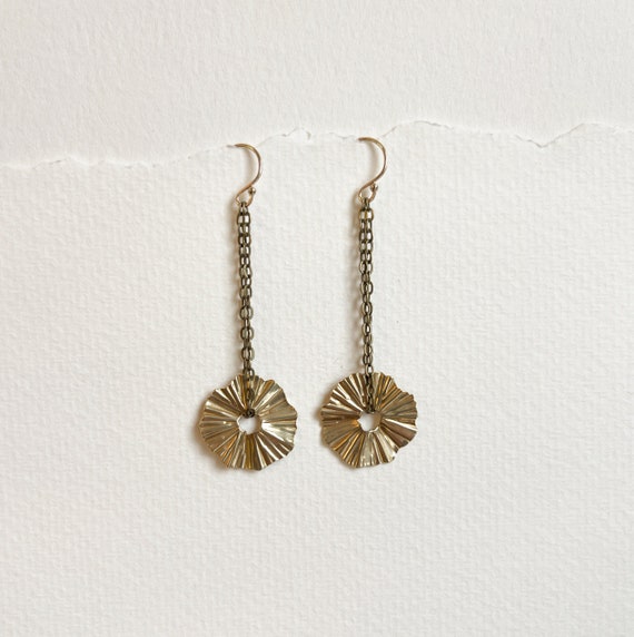 Long Brass Abstract flower and chain Earrings with 14k gold fill hooks