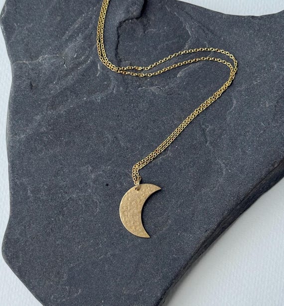 Medium Brass Moon Necklace, Handmade Hammered Jewelry