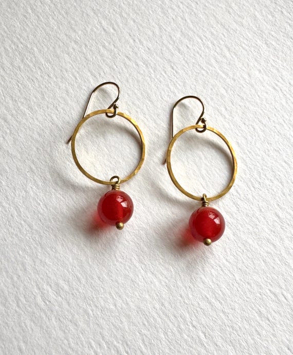 Brass & Carnelian Earrings, Pretty Hammered Long Hoop Earrings.  Natural Orange Gemstone Earrings.