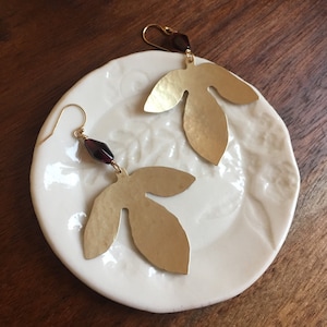 Garnet & Brass Earrings, Large Leaf Earrings, Botanical Jewelry