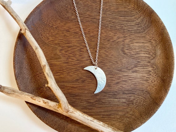 Hammered Silver Moon Necklace, Delicate Sterling Silver Crescent Moon, Celestial Jewelry