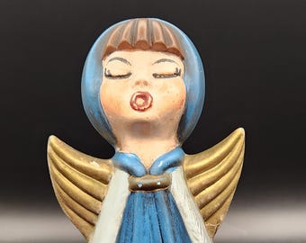 Vintage Atlantic Mold Singing Angel Candle Holder Blue White Gold Christmas Caroler 8.5"