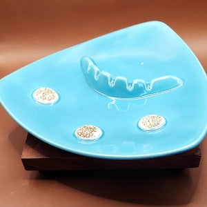 Vintage MCM 10" Turquoise Ceramic Triangular Ashtray Catchall Dish - Wavy Rest Crackle Medallions