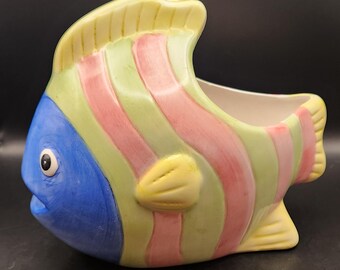 Vintage 1998 MSR Ceramic Fish Planter | Pastel Striped Nautical Decor