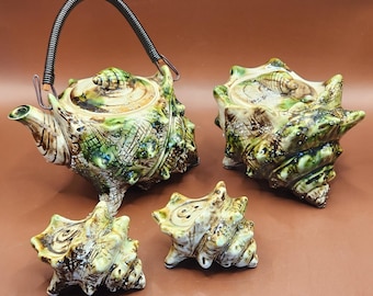 Vintage Japanese Majolica Conch Shell Tea Set – Teapot, Sugar, Salt Pepper Shakers