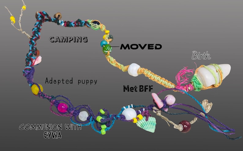 May include: A handmade macrame bracelet with colorful beads, shells, and the text "Camping", "Adopted puppy", "Moved", "Met BFF", "Birth", and "Communion with EYWA". The bracelet features a variety of colors and textures.