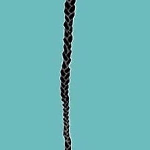 May include: A black braided hair extension with a white loop at the top and a light blue background. The braid is long and hangs vertically. The end of the braid is tied with a black and white strand.