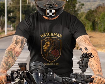 Ezekiel Watchman Lion Shield T-Shirt, Faith-Based Tee, Biblical Apparel, Gift for Him, Religious Clothing, Inspirational Fashion