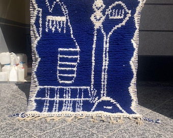Handmade Beni Boujaad Wool Rug – Royal Blue Berber Carpet, Custom Size