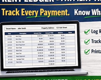 Rejestr czynszów i śledzenie płatności | Śledź czynsz i salda | Wydrukowany i wypełnialny plik PDF dla właścicieli nieruchomości
