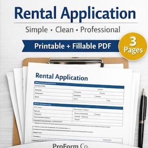 May include: A stack of white paper rental applications on a clipboard, with the title "Rental Application" in blue. The text "Simple • Clean • Professional" is above a blue banner that reads "Printable + Fillable PDF". A yellow circle displays "3 Pages". A black pen is on the right.