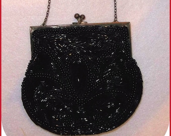 Antique BIRKS Heavily Beaded Black Chained Purse, Embossed, Art Deco, Evening, 12 Inch Chain Silk Taffeta Lined Square Beveled Mirror