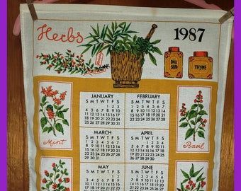Kitchen 1987 HERBS Calendar Tea Towel, Vintage Kitchen, Birthday Calendar Year, Kitchen Rustic Decor, Mint, Basil, Marjoram, Nutmeg, Fennel