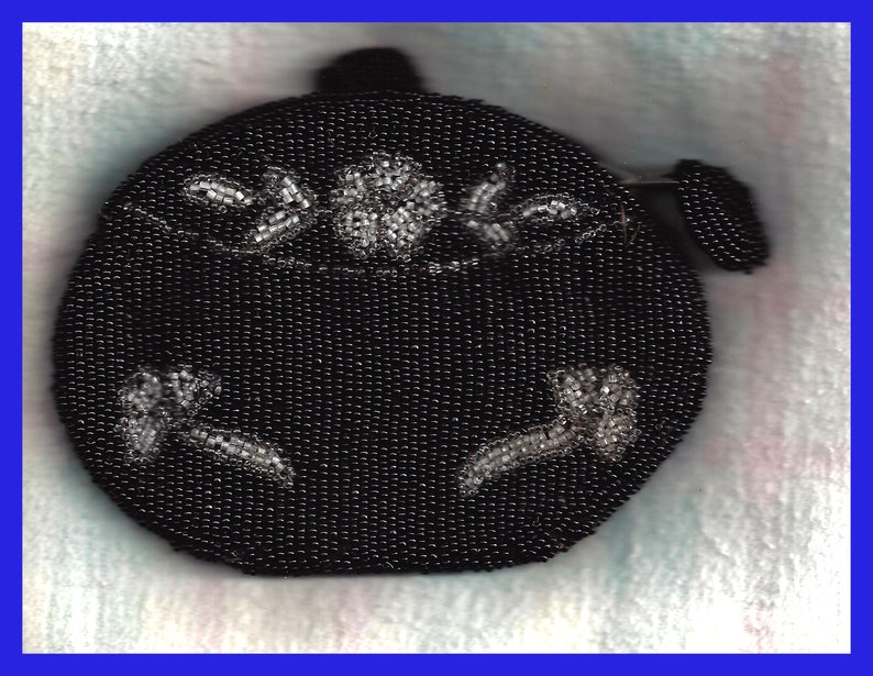 Early Last Century Doll Purse Black Satin /& Silk Lined Beaded in Black Gray Pink White Back 1 Inch Belt Loop