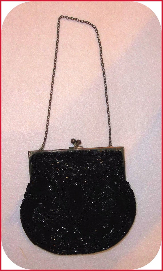 Antique BIRKS Heavily Beaded Black Chained Purse, 