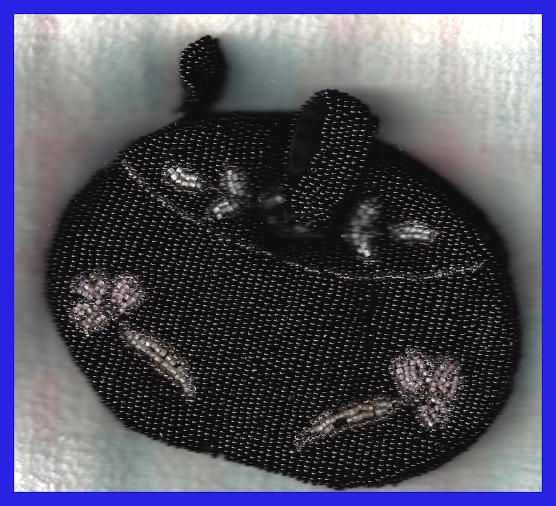 Early Last Century Doll Purse Black Satin /& Silk Lined Beaded in Black Gray Pink White Back 1 Inch Belt Loop