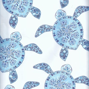 May include: A pattern of stylized sea turtles in shades of blue and purple on a white background. Each turtle features a floral design in the center of its shell and swirling patterns on its flippers.
