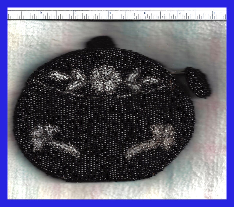 Early Last Century Doll Purse Black Satin /& Silk Lined Beaded in Black Gray Pink White Back 1 Inch Belt Loop