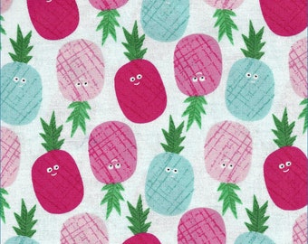 Fruity Fun Smiling Pineapples Quilting Cotton Fabric, BOGO, 18 x 44 inch, Scrub Caps, Bonnets, Designer Face Masks, Blues Reds Pinks