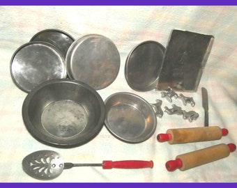 Vintage BAKE SET Aluminum, Stainless Steel Metals Pretend Toys Cake Pie Pans, Cookie Cutters & Sheet, Rolling Pins, Spoon, Spatula 17 Pcs