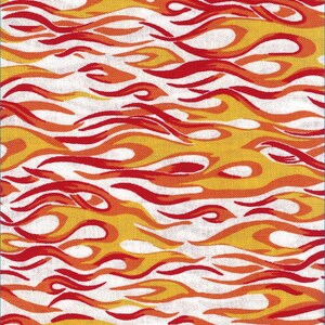May include: Red, orange, and yellow flames on a white background. The flames are stylized and resemble a repeating pattern.