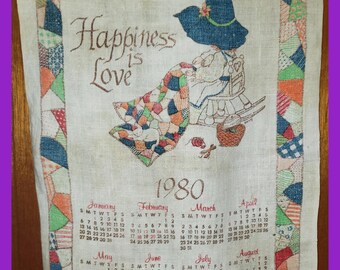 Happiness is LOVE 1980 Calendar Tea Towel, Vintage Kitchen, Birthday Calendar Year, Kitchen Rustic Decor, Girl Old Woman Quilting Rocking