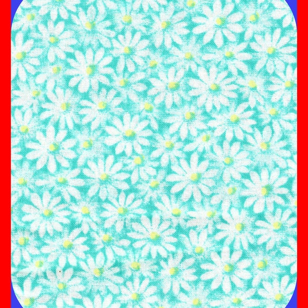 White Daisies Turquoise Background Cotton Quilting Fabric Half Yard 18 x 44 Inch Yellow Centers Spring Summer Fabric